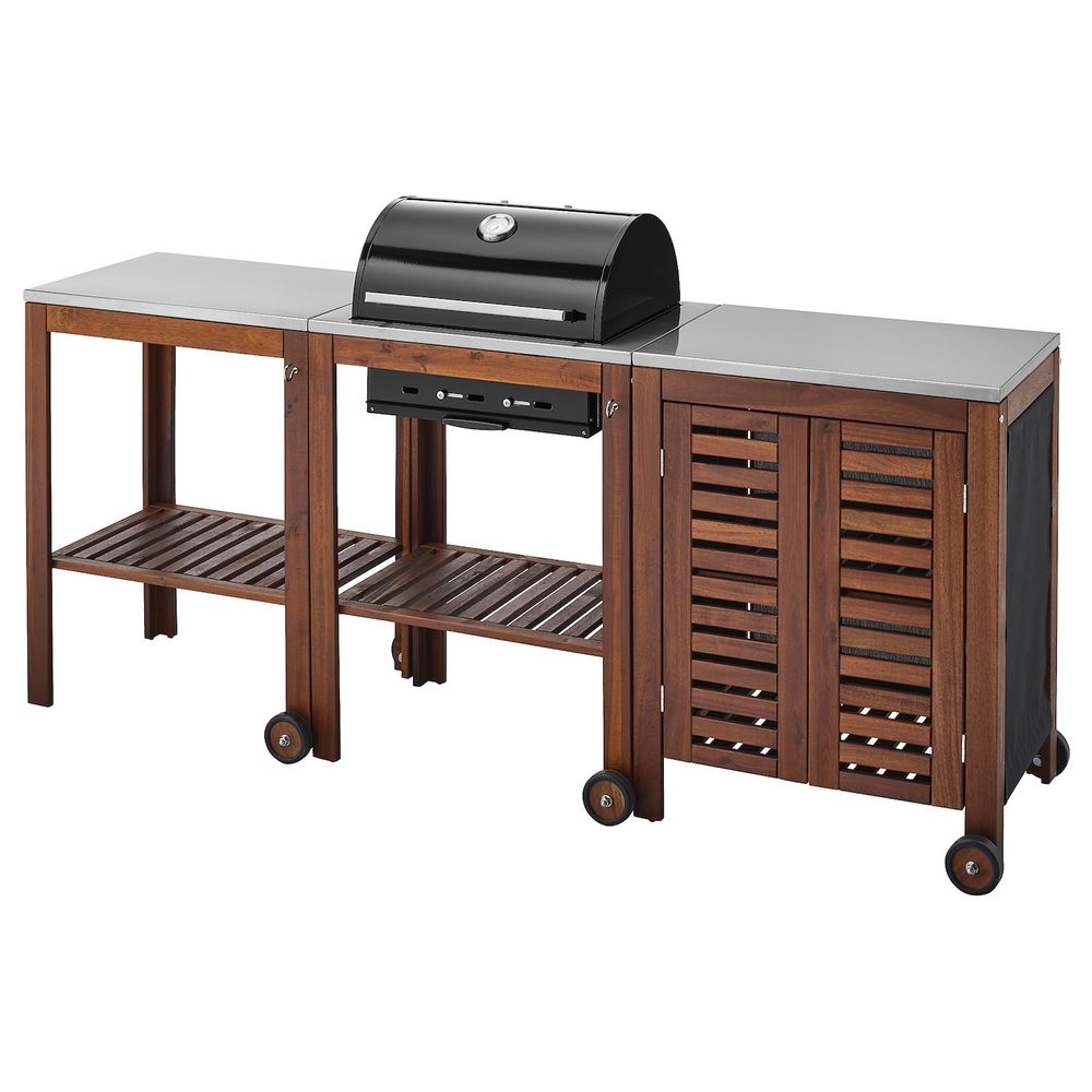 Угольный гриль + тележка, модуль для/хран, коричневая морилка, цвет нержавеющей стали IKEA ЭПЛАРО / КЛАСЕН 092.289.80 - фото 1