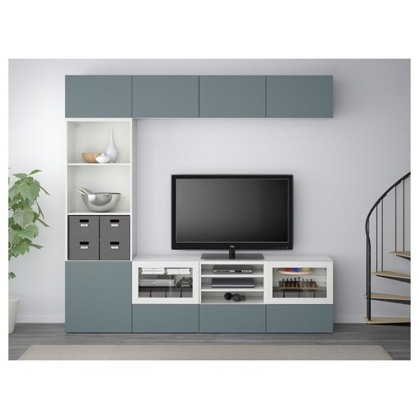 Шкаф для ТВ, комбинированный, стекляные дверцы БЕСТО, белый, Вальвикен серо-бирюзовый, прозрачное стекло (240x40x230 см) - фото 2