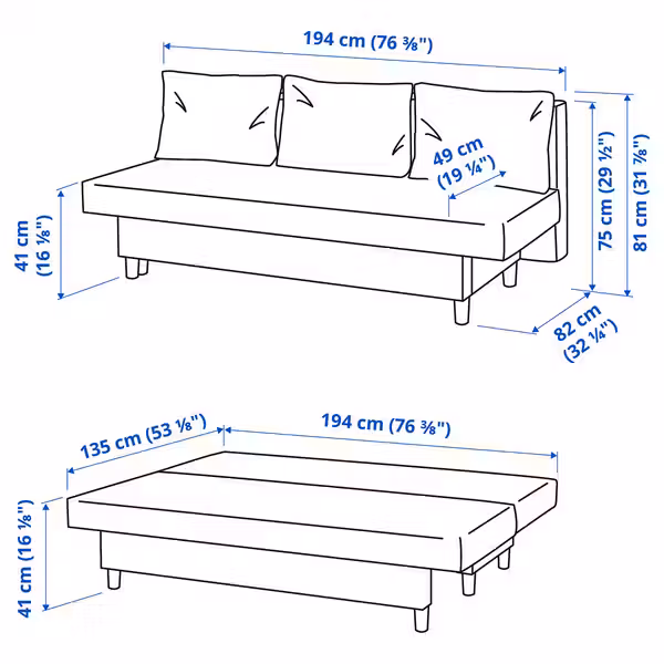 ÄLVDALEN 3-местный диван-кровать - Knisa темно-серый - схема-чертеж с размерами