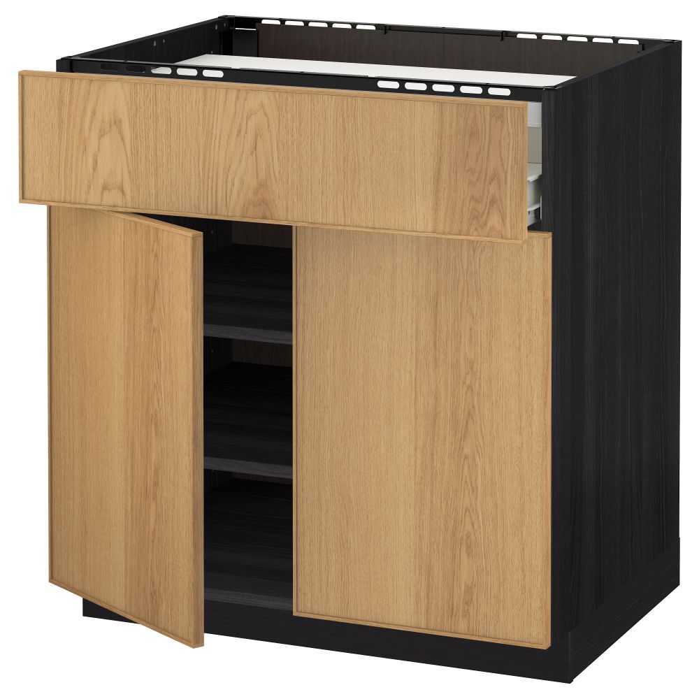 Напольный шкаф для варочной панели, ящик, полка, 2 дверцы МЕТОД / ФОРВАРА, черный, Экестад дуб (80x60 см) - схема-чертеж с размерами