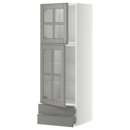 Навесной шкаф, 2 стеклянные дверцы, 2 ящика МЕТОД / ФОРВАРА, белый, Будбин серый