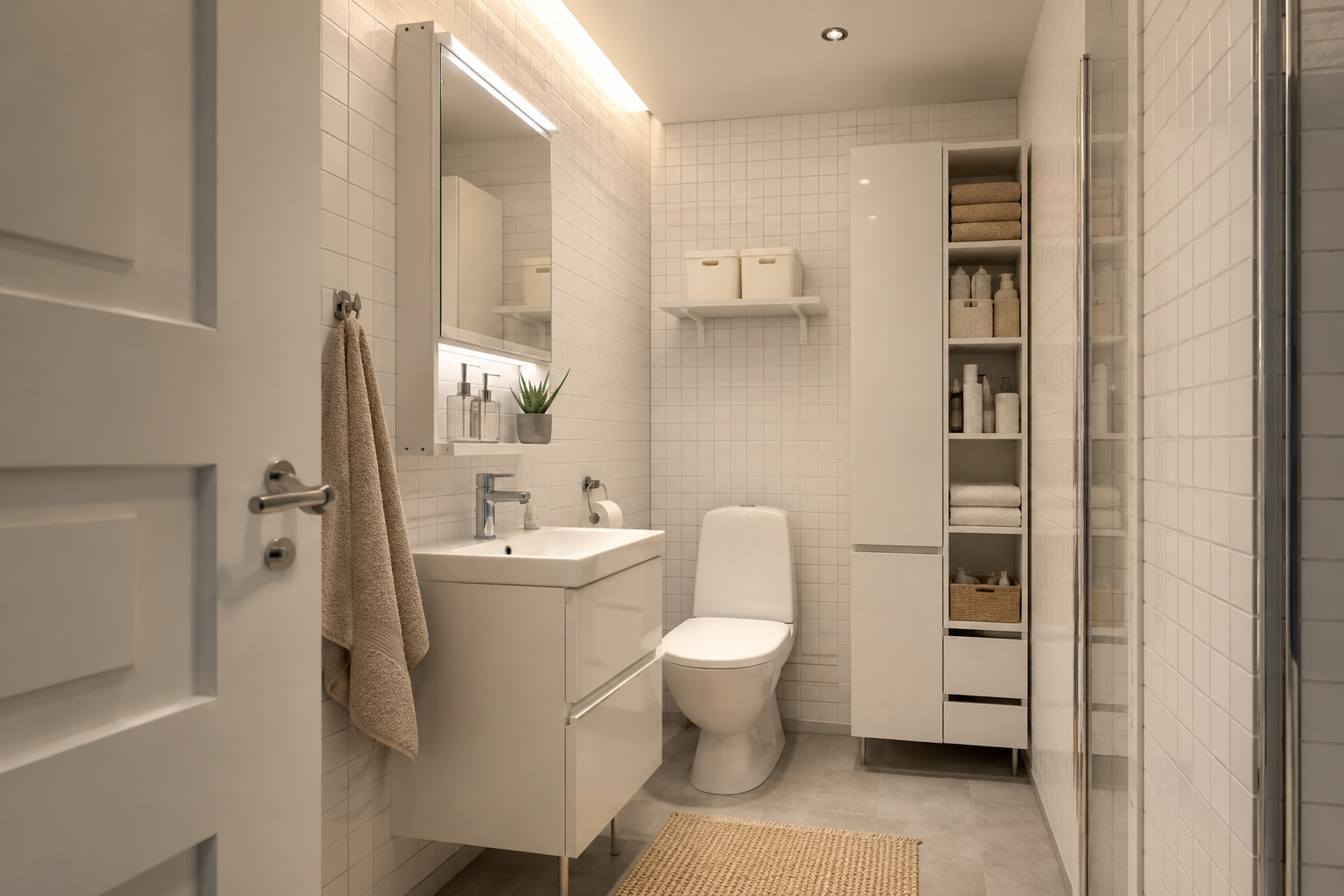 Ванная комната 4 м² с компактной мебелью IKEA, зеркало HEMNES и полотенцесушитель