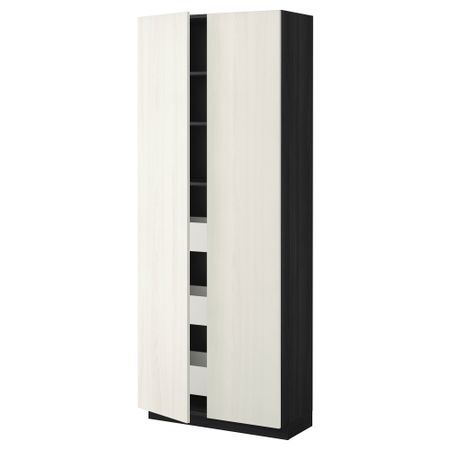 Высокий шкаф с ящиками, 2 дверцы МЕТОД / МАКСИМЕРА, черный, Росдаль белый (80x37x200 см)
