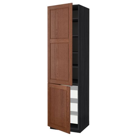 Высокий шкаф + полки, 3 ящика, 2 дверцы МЕТОД / МАКСИМЕРА, черный, Филипстад коричневый