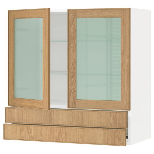 Навесной шкаф, 2 стеклянные дверцы, 2 ящика МЕТОД / ФОРВАРА, белый, Экестад дуб - схема-чертеж с размерами