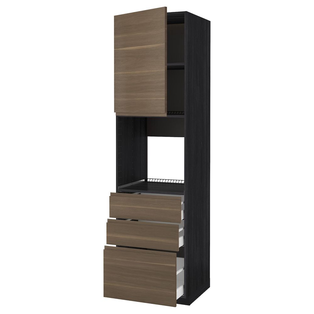 Высокий шкаф для духовки/дверь/3ящика, черный/Воксторп грецкий орех 60x60x220 см IKEA МЕТОД / МАКСИМЕРА 392.391.47 - схема-чертеж с размерами