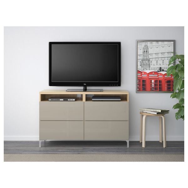 Тумба для ТВ с ящиками БЕСТО, под беленый дуб, Сельсвикен глянцевый/бежевый (120x40x74 см) - фото 2