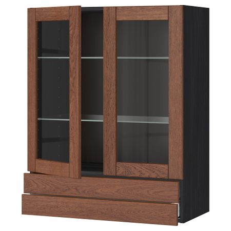 Навесной шкаф, 2 стеклянные дверцы, 2 ящика МЕТОД / МАКСИМЕРА, черный, Филипстад коричневый