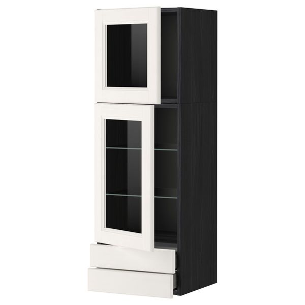 Навесной шкаф, 2 стеклянные дверцы, 2 ящика МЕТОД / МАКСИМЕРА, черный, Лаксарби белый - фото 1