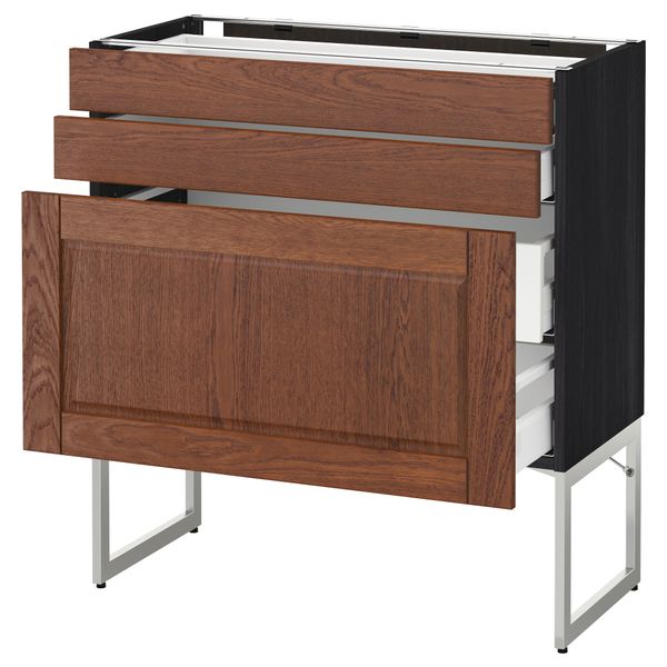 Напольный шкаф 3 фронтальных панели, 2 нижних, 2 средних ящика МЕТОД / МАКСИМЕРА, черный, Филипстад коричневый - схема-чертеж с размерами