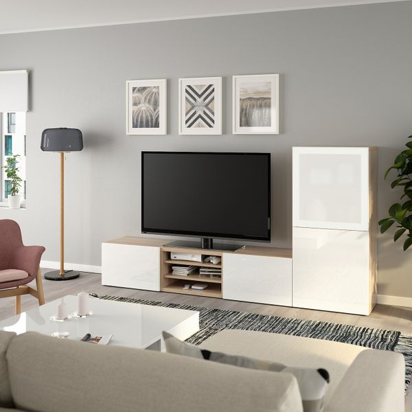 Шкаф для ТВ, комбинированный, стекляные дверцы, под беленый дуб/Сельсвикен глянцевый, белый матовое стекло 240x42x129 см IKEA - фото 6