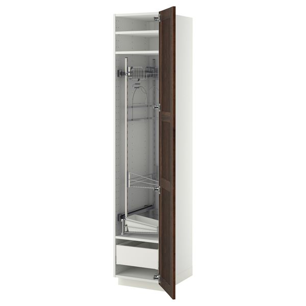 Высокий шкаф с отделением для аксессуаров, для уборки МЕТОД / МАКСИМЕРА, белый, Эдсерум коричневый - фото 1
