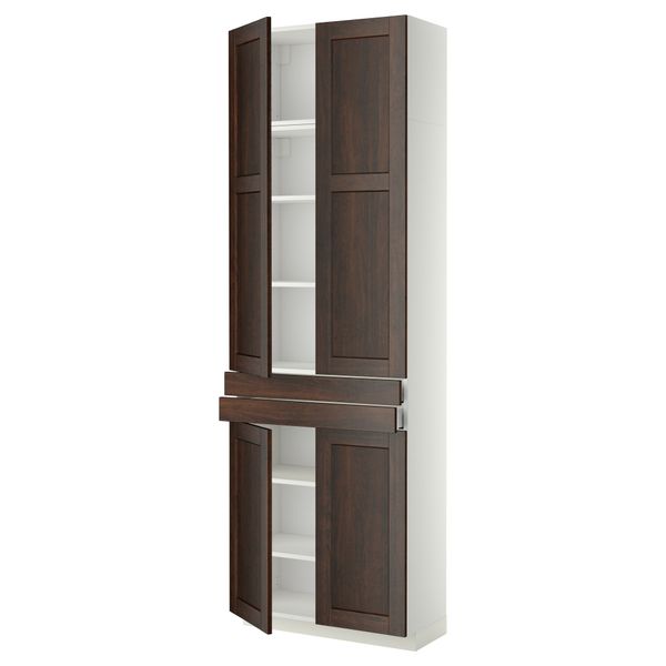 Высокий шкаф + полки, 2 ящика, 4 дверцы МЕТОД / МАКСИМЕРА, белый, Эдсерум коричневый (80x37x240 см) - фото 1