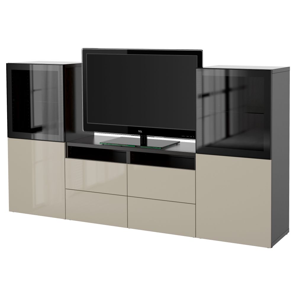 Шкаф для ТВ, комбинированный, стекляные дверцы БЕСТО, черно-коричневый, Сельсвикен глянцевый/бежевый прозрачное стекло - фото 1