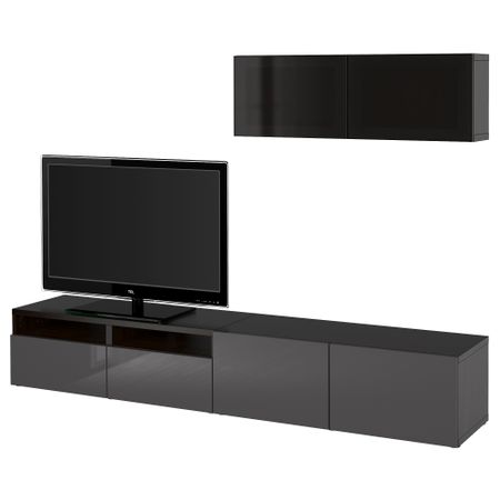 Шкаф для ТВ, комбинированный, стекляные дверцы БЕСТО, черно-коричневый, Сельсвикен глянцевый/серый дымчатое стекло