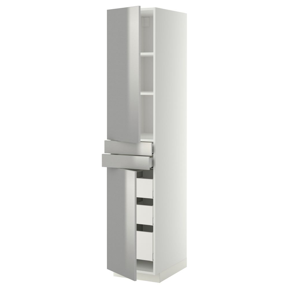 Высокий шкаф + полки, 5 ящиков, 2 дверцы, 2 фронтальных МЕТОД / МАКСИМЕРА, белый, Гревста нержавеющ сталь - фото 1