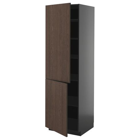 METOD Высокий шкаф с полками/2 дверцы - черно-серый/Sinarp коричневый 60x60x200 см