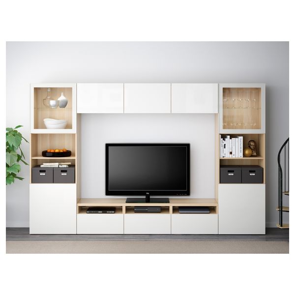 Шкаф для ТВ, комбинированный, стекляные дверцы БЕСТО, под беленый дуб, Сельсвикен глянцевый/белый прозрачное стекло (300x40x192 - фото 2