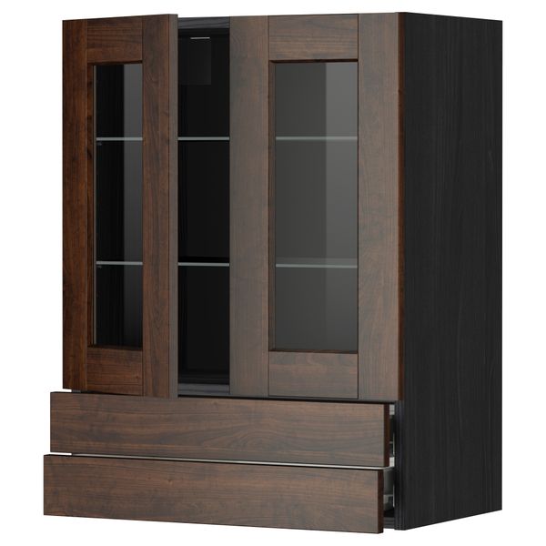 Навесной шкаф, 2 стеклянные дверцы, 2 ящика МЕТОД / ФОРВАРА, черный, Эдсерум коричневый - фото 1