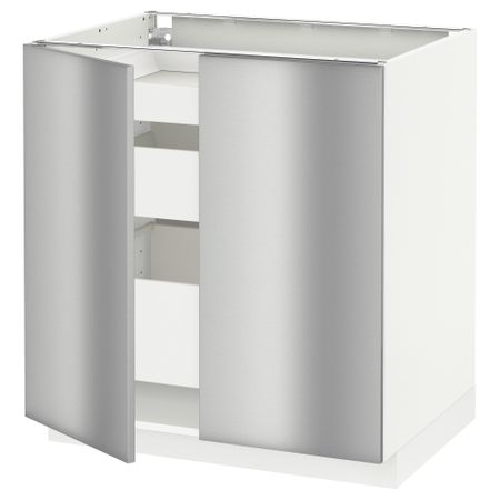 Напольный шкаф с 2 дверцами, 3 ящиками МЕТОД / МАКСИМЕРА, белый, Гревста нержавеющ сталь (80x60 см)