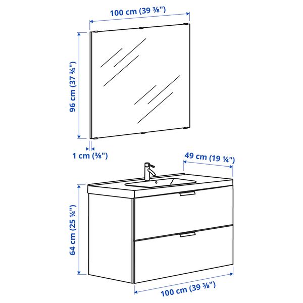 Комплект мебели для ванной, 4 предмета, 103 cm IKEA ODENSVIK ОДЕНСВИК, GODMORGON ГОДМОРГОН 393.254.80 - схема-чертеж с размерами