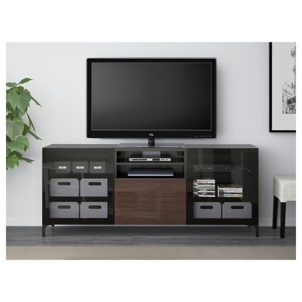 Тумба для ТВ с ящиками БЕСТО, черно-коричневый, Сельсвикен глянцевый/коричневый прозрач стекло (180x40x74 см) - фото 2