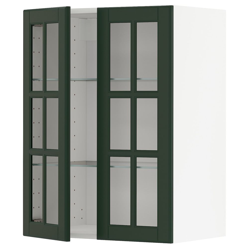 Навесной шкаф/полки/2стеклян двери, белый/Будбин темно-зеленый 60x80 см IKEA METOD МЕТОД 594.457.16 - фото 1