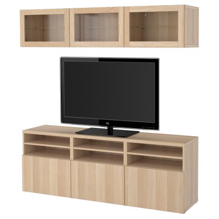 Шкаф для ТВ, комбинированный, стекляные дверцы БЕСТО, Лаппвикен, Синдвик под беленый дуб, прозрачное стелко (180x40x192 см)