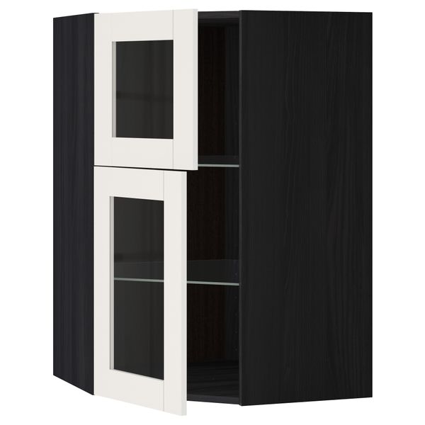 Угловой навесной шкаф + полки, 2 стеклянные дверцы МЕТОД, черный, Сэведаль белый (68x100 см) - схема-чертеж с размерами