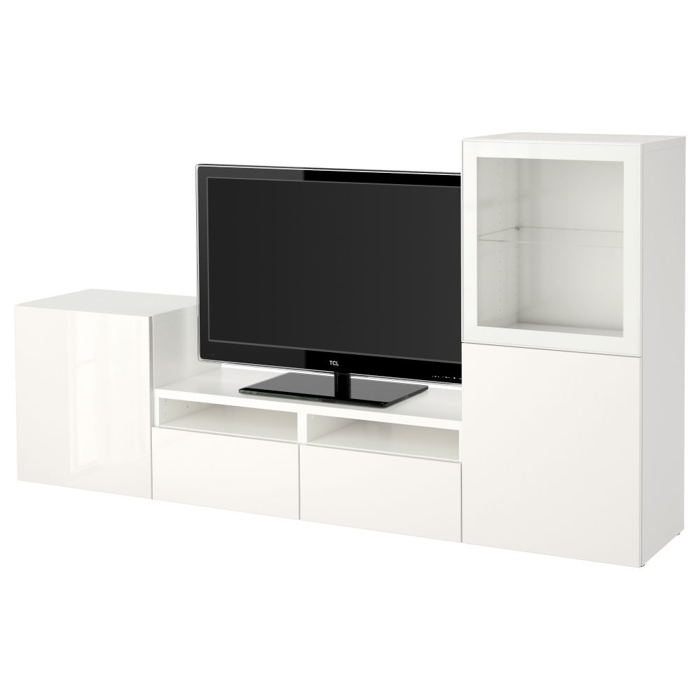 Шкаф для ТВ, комбинированный, стекляные дверцы БЕСТО, белый, Сельсвикен глянцевый/белый прозрачное стекло (240x40x128 см) - фото 1