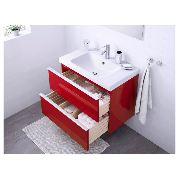 Шкаф для раковины с 2 ящиками ГОДМОРГОН / ОДЕНСВИК, глянцевый красный (80x49x64 см) - фото 3