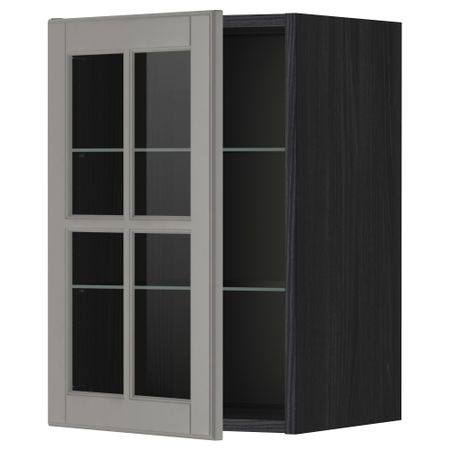 Навесной шкаф с полками, стекляными дверцы МЕТОД, черный, Будбин серый