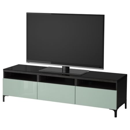 Тумба для ТВ с ящиками БЕСТО, черно-коричневый, Сельсвикен глянцевый/серо-зеленый светлый (180x40x48 см)
