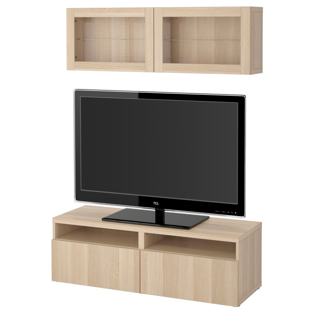 Шкаф для ТВ, комбинированный, стекляные дверцы БЕСТО, Лаппвикен, Синдвик под беленый дуб, прозрачное стелко (120x20/40x166 см) - фото 1