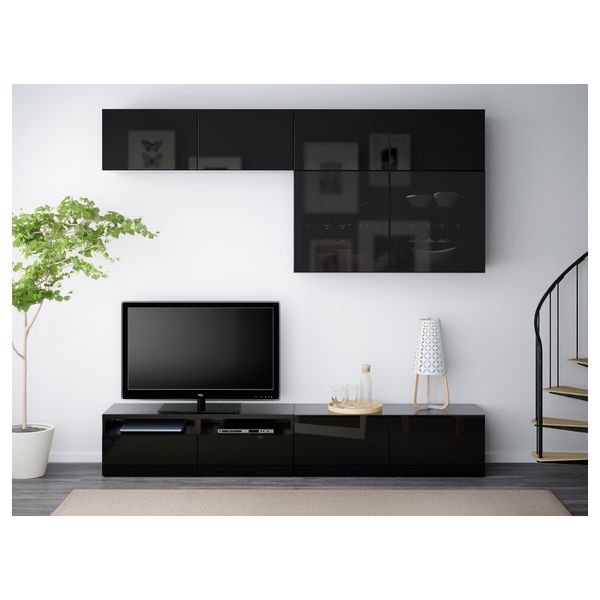 Шкаф для ТВ, комбинированный, стекляные дверцы БЕСТО, черно-коричневый, Сельсвикен глянцевый/черный дымчатое стекло (240x40x230 - фото 2