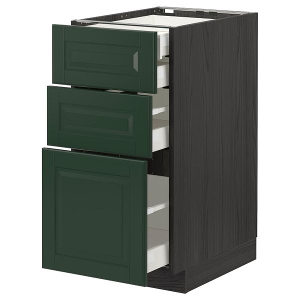 Напольный шкаф 3 фронтальные панели, 2 низких, 1 средний, 1 встроенный ящ, черный/Будбин темно-зеленый 40x60 см IKEA МЕТОД / - схема-чертеж с размерами