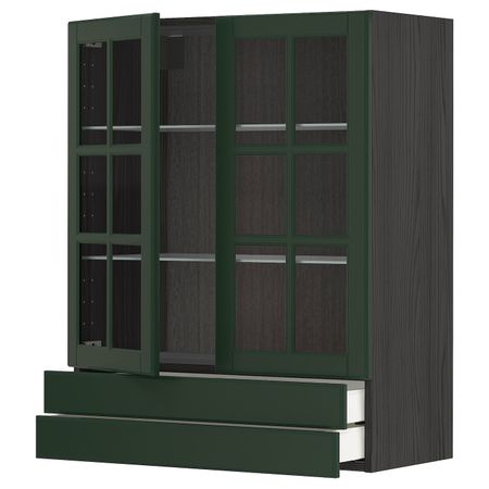 Навесной шкаф, 2 стеклянные дверцы, 2 ящика, черный/Будбин темно-зеленый 80x100 см IKEA МЕТОД / МАКСИМЕРА 593.134.38