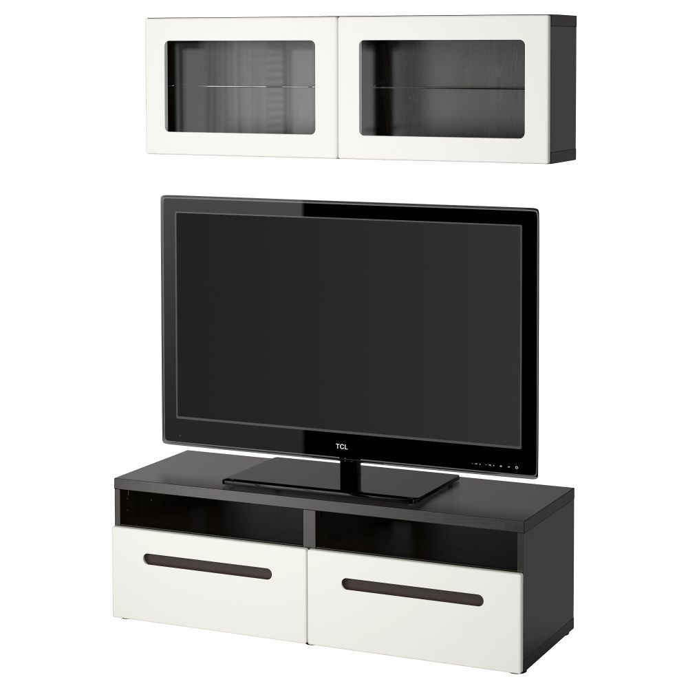 Шкаф для ТВ, комбинированный, стекляные дверцы БЕСТО, черно-коричневый, Марвикен белый прозрачное стекло (120x20/40x166 см) - фото 1