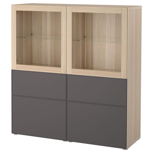 Комбинация для хранения со стеклянными дверцами БЕСТО, под беленый дуб Грундсвикен, темно-серый прозрачное стекло (120x40x128 - фото 1