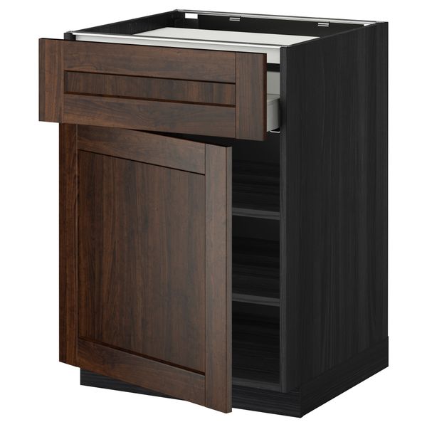 Напольный шкаф для варочной панели, ящик, полка, дверцы МЕТОД / МАКСИМЕРА, черный, Эдсерум коричневый (60x60 см) - фото 1