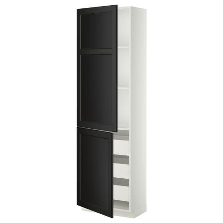 Высокий шкаф + полки, 3 ящика, 2 дверцы МЕТОД / МАКСИМЕРА, белый, Лаксарби черно-коричневый