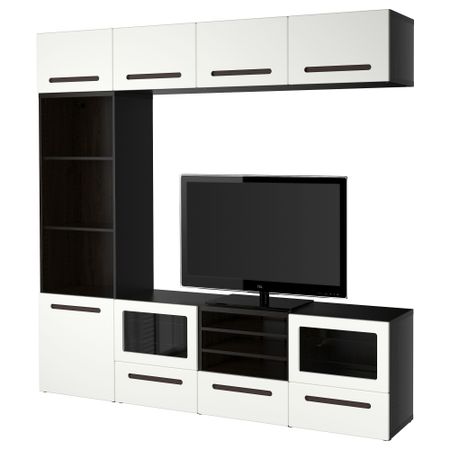 Шкаф для ТВ, комбинированный, стекляные дверцы БЕСТО, черно-коричневый, Марвикен белый прозрачное стекло (240x40x230 см)