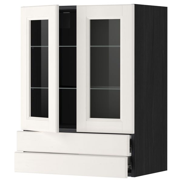 Навесной шкаф, 2 стеклянные дверцы, 2 ящика МЕТОД / ФОРВАРА, черный, Лаксарби белый - фото 1