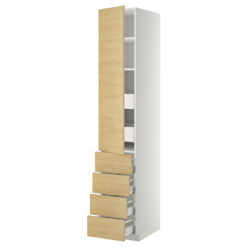Высокий шкаф с полками/6 ящик, дверцами, 4 фронтальные панели МЕТОД / МАКСИМЕРА, белый, Тингсрид береза - фото 1