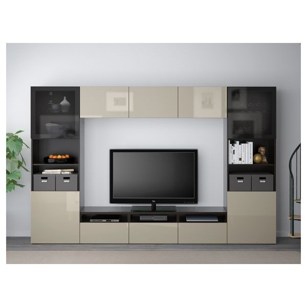 Шкаф для ТВ, комбинированный, стекляные дверцы БЕСТО, черно-коричневый, Сельсвикен глянцевый/бежевый/дымчатое стекло (300x40x192 - фото 2