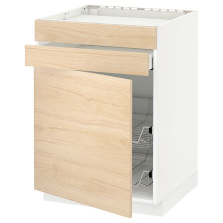 Напольный шкаф для варочной панели, ящик, 2 проволочных корзины МЕТОД / МАКСИМЕРА, белый, Аскерсунд ясень под светлый ясень
