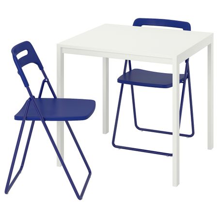 Стол и 2 складных стула, белый/темный сине-сиреневый 75 см IKEA MELLTORP МЕЛЬТОРП / NISSE НИССЕ 492.807.06