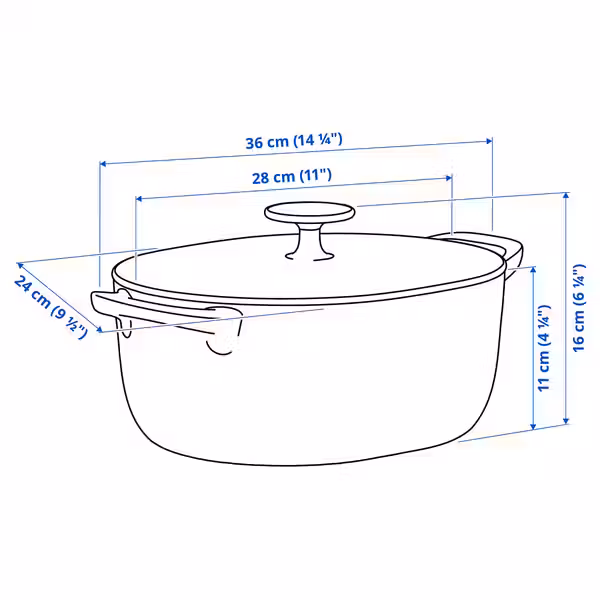 VARDAGEN Казан с крышкой - эмалированный чугун светло-бежевый/серо-синий темный 5 л - схема-чертеж с размерами