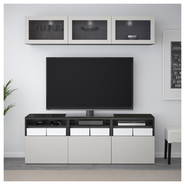 Шкаф для ТВ, комбинированный, стекляные дверцы БЕСТО, черно-коричневый Лаппвикен, Синдвик светло-серый прозрачное стекло - фото 2