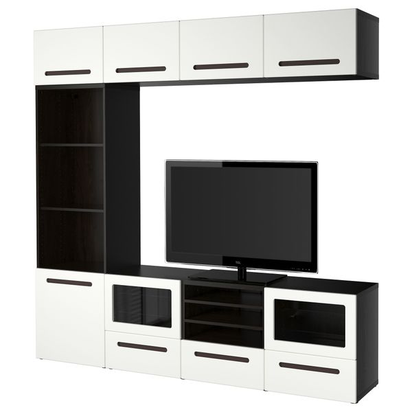 Шкаф для ТВ, комбинированный, стекляные дверцы БЕСТО, черно-коричневый, Марвикен белый прозрачное стекло (240x40x230 см) - фото 1